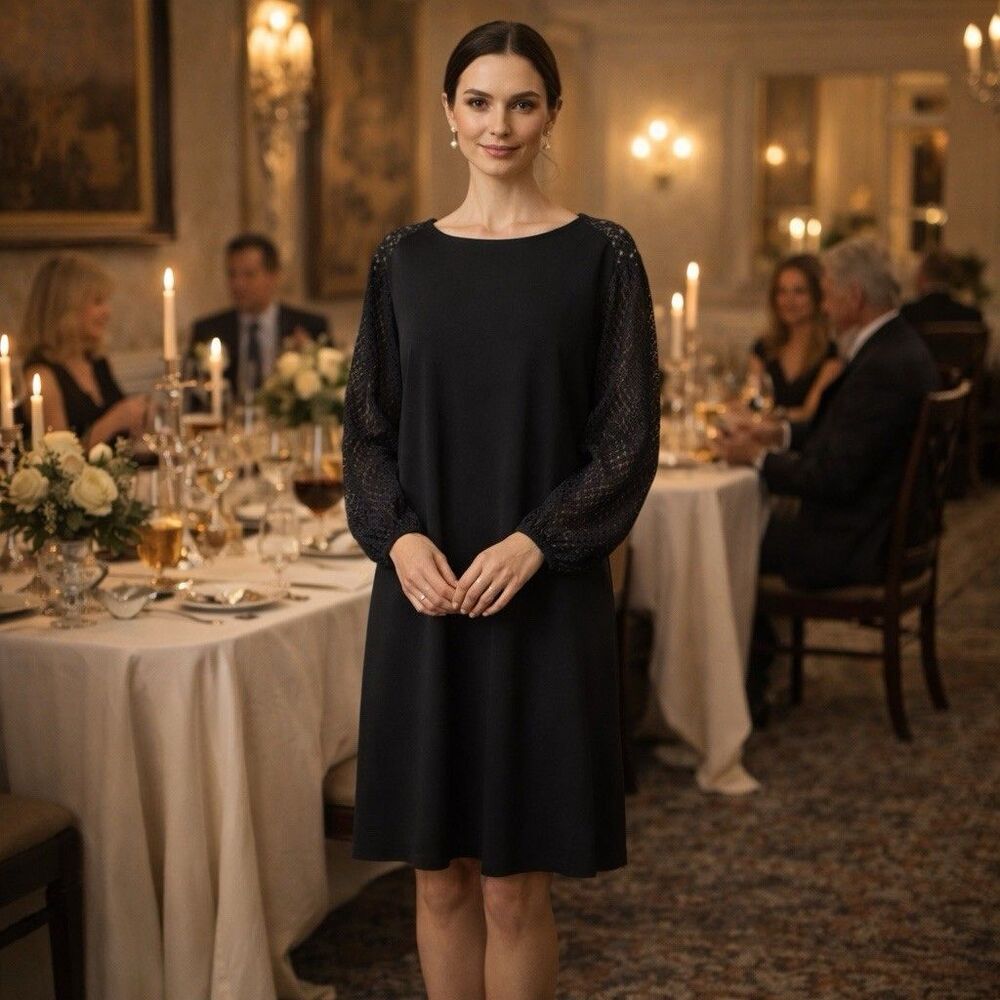 Michael Kors Black Knit Dress Lace Sleeves Stretch Goth Simple Minimal Classic L